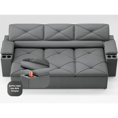 Sofá com Porta Copos Retrátil e Reclinável Pop 2,05m Velosuede Grafite - netsofas