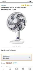 [Prime] Ventilador 30cm, 3 Velocidades, Mondial,220 volts NV-15-6P. R$ 64