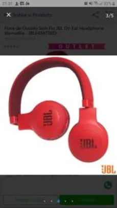 Fone de Ouvido Sem Fio JBL On Ear Headphone Vermelho - R$293