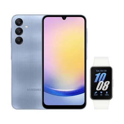 Foto do produto Celular Samsung A25 5G (256GB) - Azul + Galaxy Fit3 - Prata