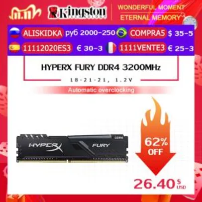 Memória RAM 8GB Kingston HyperX FURY DDR4 2600MHz | R$200