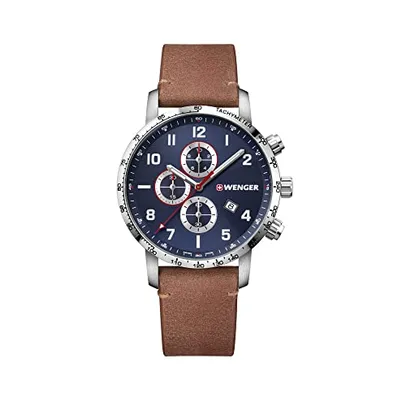 Relógio Wenger Masculino Attitude de aço inoxidável com pulseira de couro de quartzo suíço, marrom, 21 relógio casual (modelo: 01.1543.108)