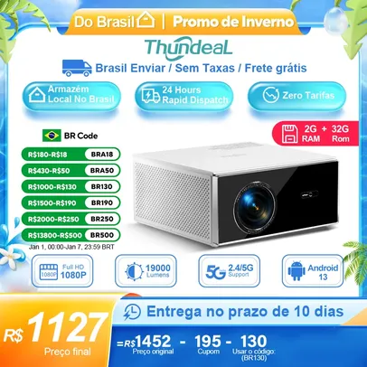 [Envio do Brasil] Projetor TDA7W Wi-Fi com Android e Espelhamento de Tela 1920x1080p roda 4k, 19000 Lumens