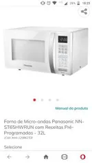 Forno de Micro-ondas Panasonic NN-ST65HWRUN com Receitas Pré-Programadas - 32L | R$471