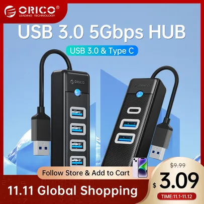 [Conta Nova] Orico 4 portas usb hub 3.0 5gbps de alta velocidade multi tipo c splitter ultra-slim