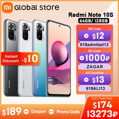 Smartphone Redmi Note 10S com versões de 6GB/64GB, 6GB/128GB e 8GB/128GB | R$ 1012