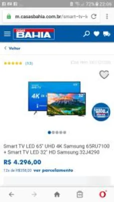 Smart TV 65" UHD 4K Samsung 65RU7100 + Smart TV 32" HD Samsung 32J4290 - R$4.296