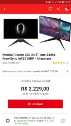 Monitor Gamer LED 24.5" 1ms 240hz Free-Sync AW2518HF - Alienware | R$1806