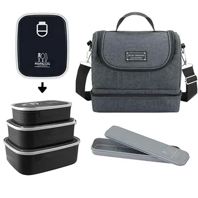 Kit 5 Pçs Bolsa Térmica + Potes Marmita + Porta Talher Preto