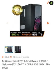 Pc Gamer Ideal 2019 Amd Ryzen 5 3600 / Geforce GTX 1660 Ti / DDR4 8GB / HD 1TB / 500W