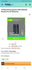 2 Pilhas Recarregaveis AAA 650mAh Recyko Pro GP Batteries | R$20