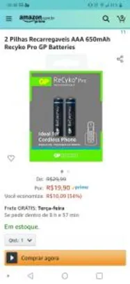 2 Pilhas Recarregaveis AAA 650mAh Recyko Pro GP Batteries | R$20