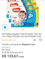 Kit Fraldas Huggies Tripla Proteção Tam. XG - 12 a 15kg 3 Pcts. com 66 Unidades - R$134