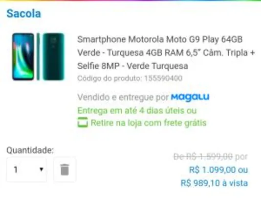 Saindo por R$ 989: Smartphone Motorola Moto G9 Play 64GB Verde | R$989 | Pelando
