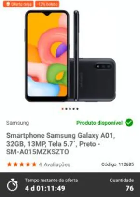 Smartphone Samsung Galaxy A01, 32GB, 13MP, Tela 5.7´, Preto - R$750