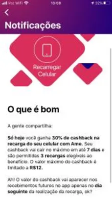 30% de cashback AME para recarga de celular
