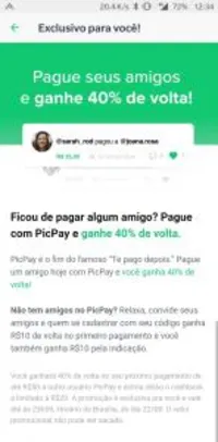 [PicPay] 40% de volta ao pagar um amigo (usuários selecionados)