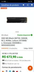 SSD WD Black SN750, 500GB, M.2, NVMe, Leitura 3470MB/s, Gravação 2600MB/s - R$674