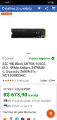 SSD WD Black SN750, 500GB, M.2, NVMe, Leitura 3470MB/s, Gravação 2600MB/s - R$674
