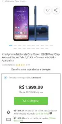 [AME] Smartphone Motorola One Vision 128GB Dual Chip Android Pie 9.0 Tela 6,3" 4G + Câmera 48+5MP - Azul Safira - R$1999 (ou R$1600 com Ame)