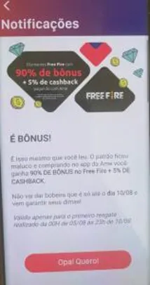 [AME] Diamantes Free Fire com 90% de bônus + 5% de cashback
