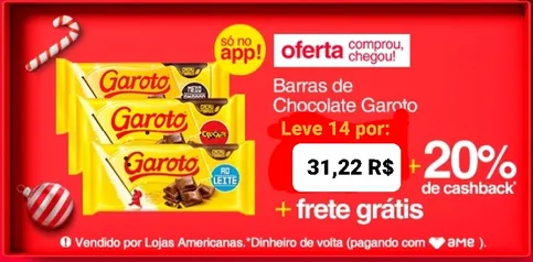 [Ame 20%] Leve 14 Barras de Chocolate Garoto 90G - R$2,23 Uni