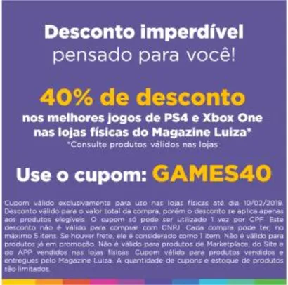 [LOJA FÍSICA] 40% de Desconto em Games na Magazine Luiza