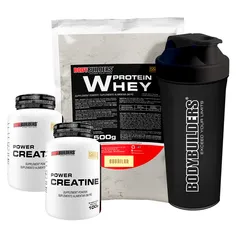 KIT Whey Protein 500g, 2x Creatina 100g, Coqueteleira - Bodybuilders(chocolate, baunilha ou morango