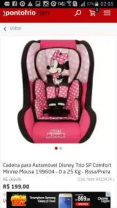 [Ponto Frio] Cadeira para Automóvel Disney Trio SP Comfort Minnie Mouse 199604 – 0 a 25 Kg - Rosa/Preta por R$ 199