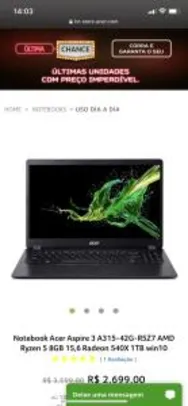Notebook Acer Aspire 3 A315-42G-R5Z7 AMD Ryzen 5 8GB 15,6 Radeon 540X 1TB win10