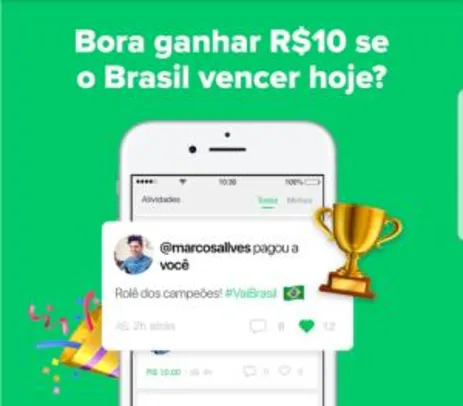 R$10 de cashback no PicPay se o Brasil vencer hoje!