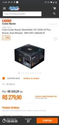 Fonte Semi-Modular 450W 80Plus B Cooler Master | R$280