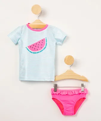 Conjunto de praia infantil de blusa manga curta listrada + biquíni calcinha com babados proteção UV