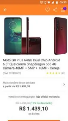 Moto G8 Plus 64GB, 48MP + 5MP + 16MP (R$1.295 à Vista + cupom)