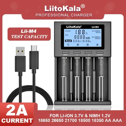 [Taxa inclusa] Carregador Smart Liitokala Lii-M4 Pilhas Recarregáveis - Conector Tipo C e Tela LCD