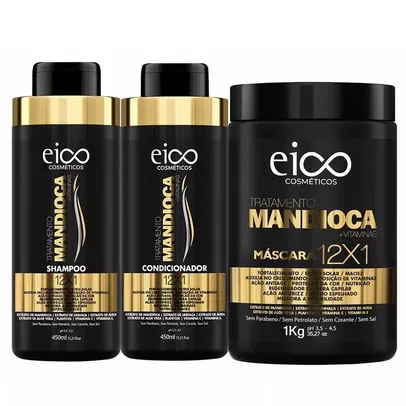 Eico Tratamento Mandioca Shampoo e Condicionador Leave-in 450ml + Máscara Hidratação 1kg Crescimento Fortalecimento