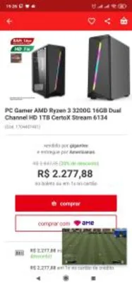 PC Gamer AMD Ryzen 3 3200G 16GB Dual Channel HD 1TB CertoX Stream 6134 | R$2.278