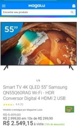 [APP] Smart TV 4K QLED 55” Samsung QN55Q60RAG Wi-Fi - HDR Conversor Digital 4 HDMI 2 USB R$2550