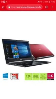 Notebook Acer A515-41G-1480 AMD A12 2.7Ghz 8GB RAM 1TB HD AMD Radeon RX 540 de 2GB 15.6" Windows 10