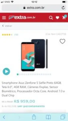 Smartphone Asus Zenfone 5 Selfie Preto 64GB | R$918