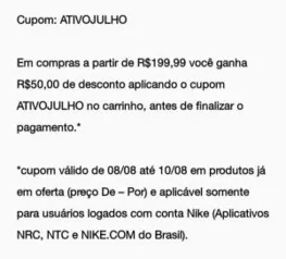 Cupom R$50,00 compras Nike