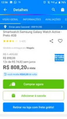 [7% Magalu App] Samsung Galaxy Watch Active - R$ 808