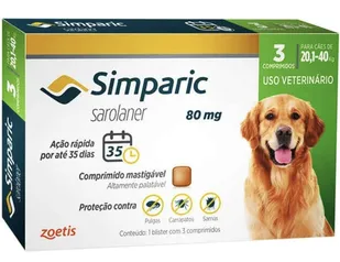 [PRIME] Simparic 80mg - 20,1 até 40kg (03 Comprimidos) Zoetis para Cães | R$185