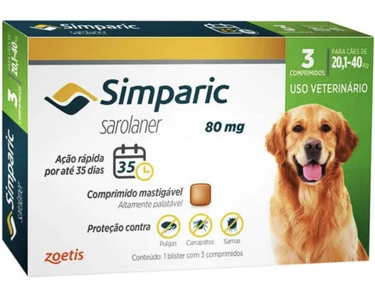 [PRIME] Simparic 80mg - 20,1 até 40kg (03 Comprimidos) Zoetis para Cães | R$185