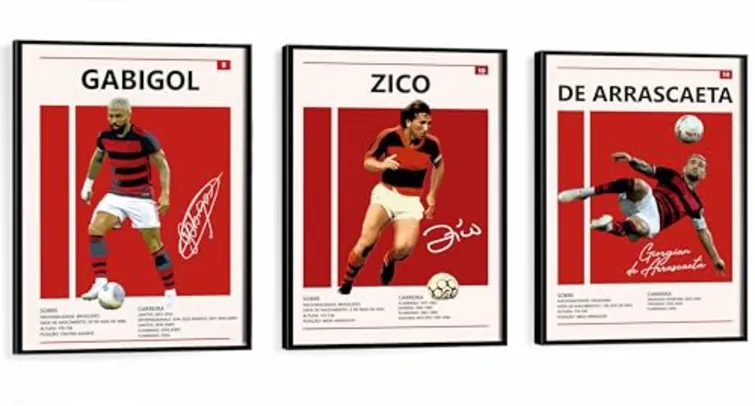 Kit 3 Quadros Decorativos Com Moldura 40x50 cm, Futebol, Flamengo, Arte Para Quarto, Sala