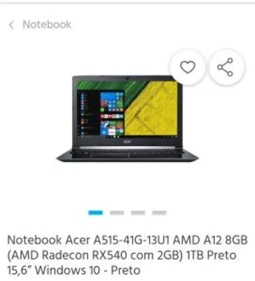 Notebook Acer Aspire 5 AMD A12 9720p 8 GB RAM RX 540 2 GB VRAM
