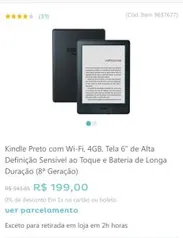 Kindle Preto com Wi-Fi, 4GB, Tela 6” de Alta Definição Sensível ao Toque e Bateria de Longa Duração (8ª Geração) | R$199