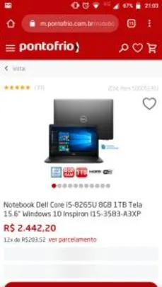 Notebook Dell Core i5-8265U 8GB 1TB Tela 15.6” Windows 10 Inspiron I15-3583-A3XP