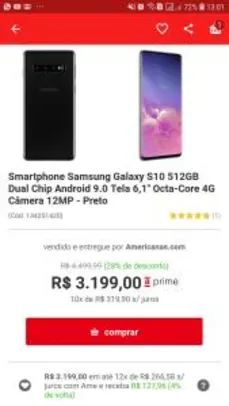 Smartphone Samsung Galaxy S10 512GB Dual Chip Android 9.0 Tela 6,1" Octa-Core 4G Câmera 12MP - Preto R$3199