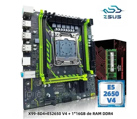 Kit Placa-Mãe X99-8D4 com CPU LGA2011-3 Xeon E5 2650 V4 - 16GB DDR4 2133MHz RAM - NVMe M.2 SATA